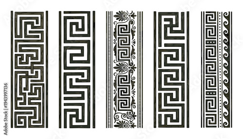 Set of five ancient Greek ornamental borders featuring classic meander key, wave, and floral patterns in a dark, textured, hand-drawn style for decorative design