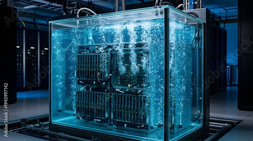 Advanced computer hardware undergoing immersion cooling within a transparent fluid tank in a modern data center environment
