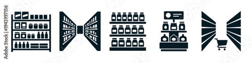 Set of black supermarket glyph icons showing store shelves, grocery aisles, retail products, and a shopping cart for commerce and consumerism concepts