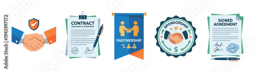 Set of business agreement vector icons showing a handshake, signed contract, partnership banner, sponsorship badge, and legal document for corporate collaboration and deal concepts