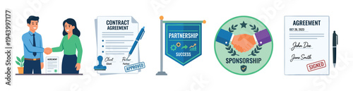 Collection of flat vector illustrations depicting business agreements, including a handshake, signed contract, partnership banner, and sponsorship seal