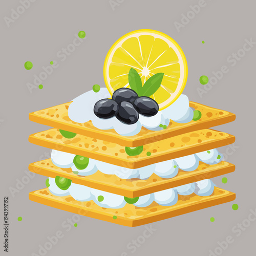 Gourmet layered savory crepe cake with cream cheese lemon slices and fresh blueberries topped with aromatic herbs for appetizers - Vector Illustration