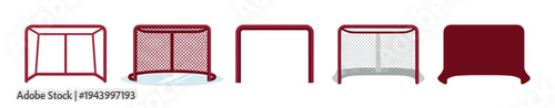 Set of red hockey goals illustrated in a flat vector style, showcasing different perspectives and variations of the sports equipment for a game or championship match