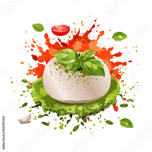 Fresh burrata cheese with vibrant red pepper sauce and green pesto splash decorated with aromatic basil leaves for gourmet meal - Vector Illustration