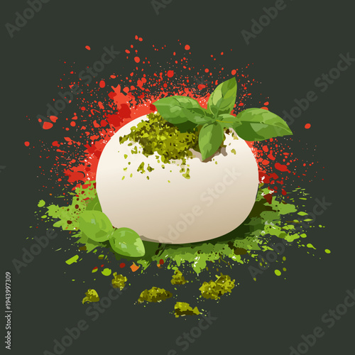 Soft mozzarella cheese ball served on a bed of fresh pesto sauce with herb garnish for traditional mediterranean starter - Vector Illustration