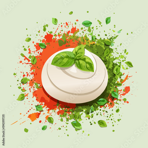 Premium mozzarella ball surrounded by colorful vegetable sauce splashes and herb seasoning for artistic culinary food presentation and menu - Vector Illustration