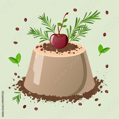 Traditional coffee panna cotta dessert topped with a cherry and rosemary sprig served on a bed of chocolate soil - Vector Illustration