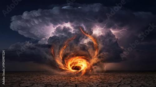 Fiery ring portal swirling in stormy sky concept. A dramatic storm cloud with swirling vortex and lightning strikes.