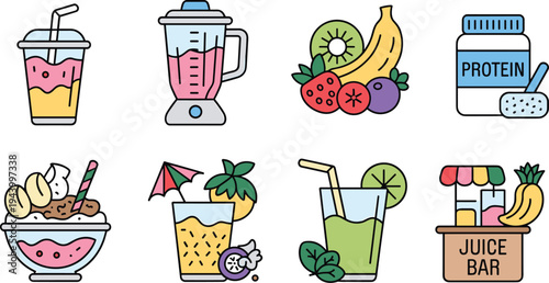 Eight flat icons representing juice bar items and healthy beverages smoothie blender