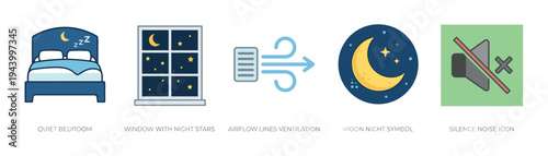Set of colorful flat line icons for sleep, rest, and quietness, including a bed, night window, airflow, moon, and silence symbol for a good night's rest