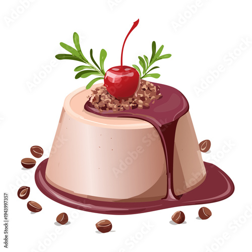 Creamy chocolate pudding with cherry topping and fresh rosemary garnish drizzled with rich cocoa syrup for elegant sweet dessert - Vector Illustration