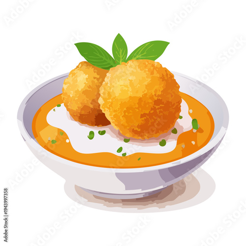 Deep fried golden snack ball served in a bowl of creamy yellow sauce with herb garnish for tasty appetizer treat - Vector Illustration