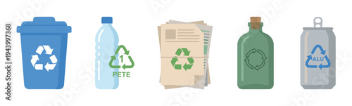 Collection of recyclable waste items including a blue bin, plastic bottle, stacked paper, green glass, and an aluminum can, illustrating waste sorting for environmental conservation