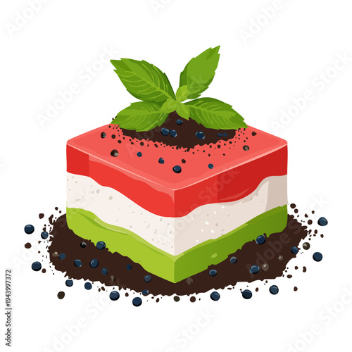 Multi layered vegetable terrine with spinach tomato and cream layers topped with fresh basil for healthy gourmet appetizer snack - Vector Illustration