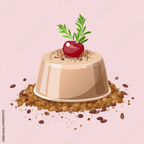 Delicious panna cotta dessert with cherry fruit topping and herbal garnish on a bed of cocoa powder for menu - Vector Illustration