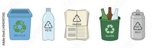 Set of colorful recycling illustrations showing waste sorting categories like paper, glass, plastic, and aluminum with their corresponding symbols and containers