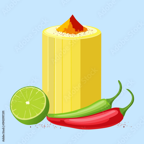 Golden cornmeal pudding with spicy chili and fresh lime garnish served as a creative savory starter for restaurant menu - Vector Illustration