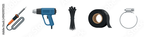 Set of electrical and mechanical tools including a soldering iron, heat gun, cable ties, insulating tape, and a hose clamp arranged in a row as a flat vector illustration
