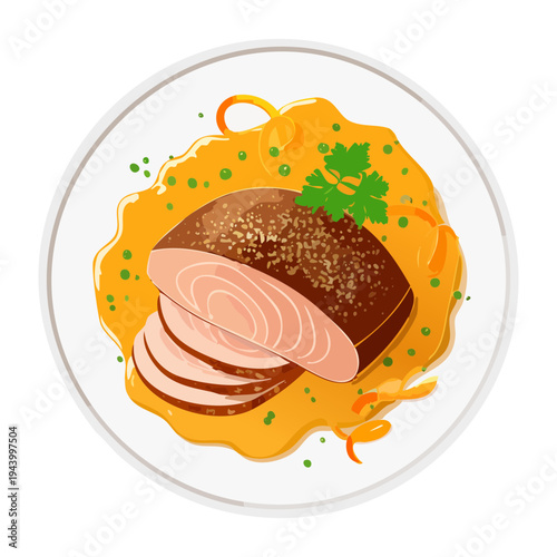 Roasted meat slice served with savory yellow sauce and herb garnish on a white plate for dinner meal course - Vector Illustration