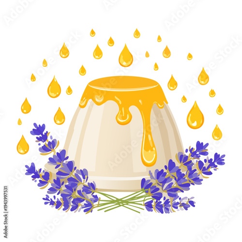 Creamy panna cotta with golden honey syrup and fresh lavender flowers garnish for floral themed gourmet sweet dessert - Vector Illustration