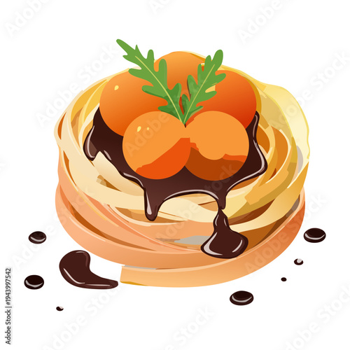 Fluffy pancake stack drizzled with dark chocolate syrup and topped with fresh orange slices for delicious breakfast or dessert - Vector Illustration