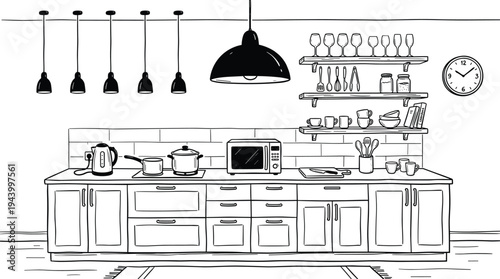 Clean interior elevation of a minimalist kitchen workstation featuring a long countertop, subway-tile backsplash, microwave, and organized open shelving.