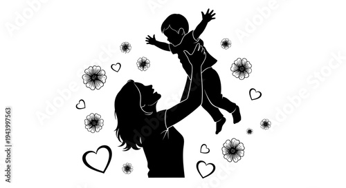 Silhouette of woman holding baby.