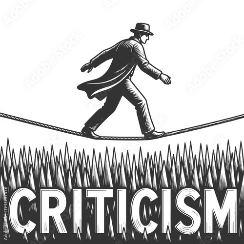 man balancing on a tightrope above sharp spikes labeled criticism, fear of judgment, public pressure, and resilience sketch engraving generative ai vector illustration. Scratch board. Black and white.