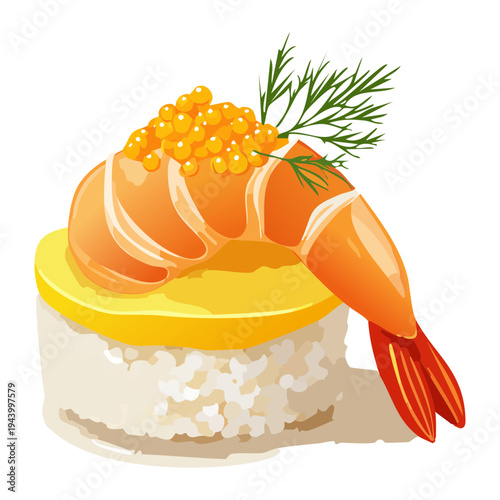 Gourmet sushi roll topped with fresh shrimp and golden caviar served with dill garnish for premium japanese seafood appetizer - Vector Illustration