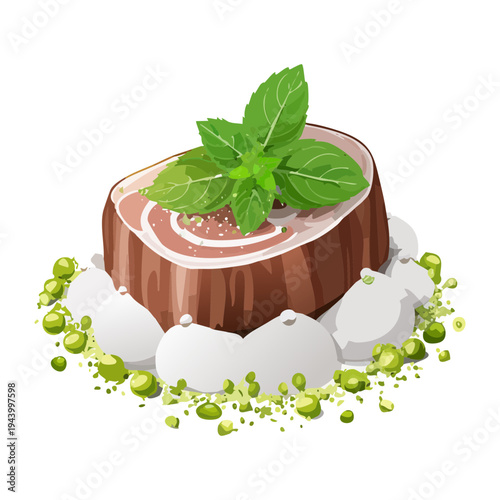 Roasted meat roll slice topped with creamy sauce and green herb garnish for hearty savory dinner appetizer and meal - Vector Illustration