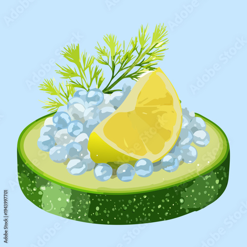 Fresh fish appetizer on cucumber slice with creamy topping and herb garnish for healthy gourmet seafood snack menu - Vector Illustration