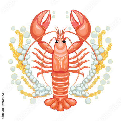 Premium lobster seafood presentation with grains and herb garnish for gourmet restaurant menu and coastal cuisine food - Vector Illustration