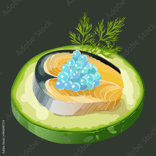 Premium fish appetizer on cucumber slice with caviar and herb garnish for sophisticated seafood restaurant menu and catering - Vector Illustration