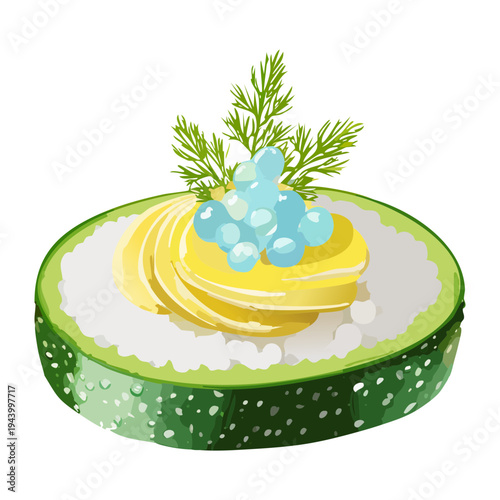 Delicious seafood bite with fish on cucumber topped with creamy sauce and herbs for healthy gourmet appetizer snack - Vector Illustration