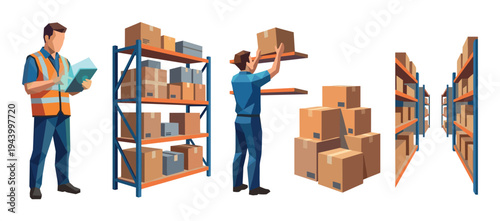 Collection of warehouse and logistics illustrations showing workers, shelving racks, and cardboard boxes for inventory management and distribution concepts