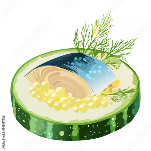 Gourmet seafood snack with fish fillet on cucumber slice topped with grains and herbs for elegant appetizer dish - Vector Illustration
