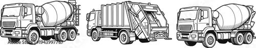 Set of Industrial Trucks Line Art Illustration Including Cement Mixer and Garbage Truck, Detailed Black and White Vector Vehicles for Construction, Waste Management, and Transport Design