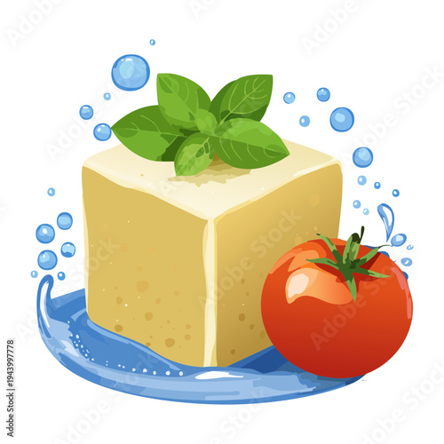 Tofu cube appetizer with tomato and fresh basil garnish for healthy vegan snack and vegetarian restaurant food menu - Vector Illustration