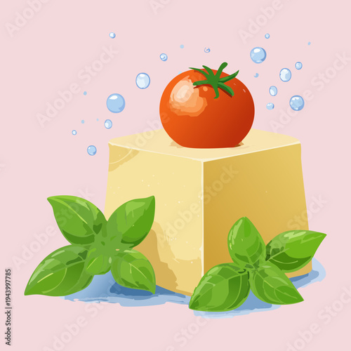 Fresh mozzarella cube with tomato and basil garnish for authentic italian caprese appetizer and healthy food snack menu - Vector Illustration