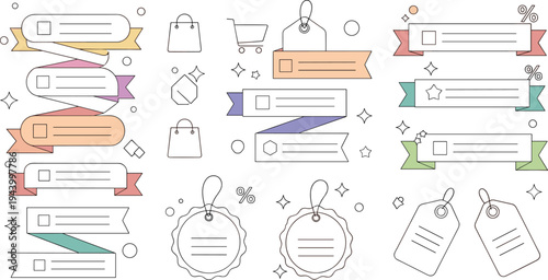 Minimal line style sale ribbons price tags shopping labels and badge templates collection for ecommerce retail promotion vector illustration set