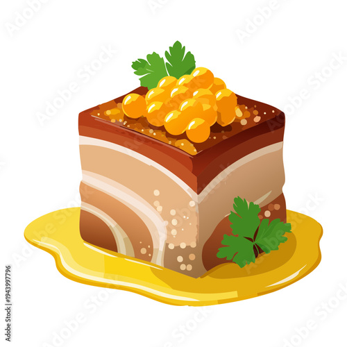 Layered meat terrine with golden sauce and grain topping for gourmet appetizer and sophisticated restaurant food menu presentation - Vector Illustration