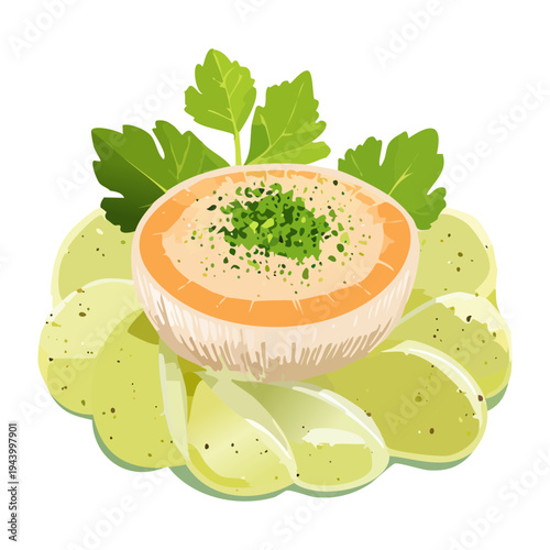 Savory appetizer with creamy sauce and herb garnish served on a green leaf for healthy gourmet food menu - Vector Illustration