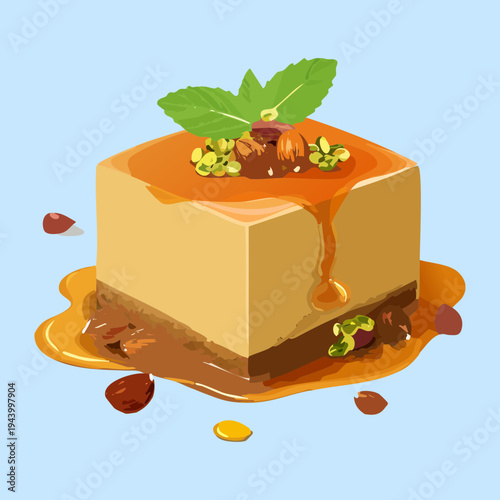 Savory mousse cube with golden sauce and nut topping for delicious gourmet appetizer and restaurant food menu presentation - Vector Illustration