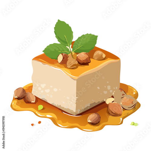 Elegant tofu cube with savory sauce and nut garnish for healthy vegan appetizer and gourmet restaurant food menu - Vector Illustration
