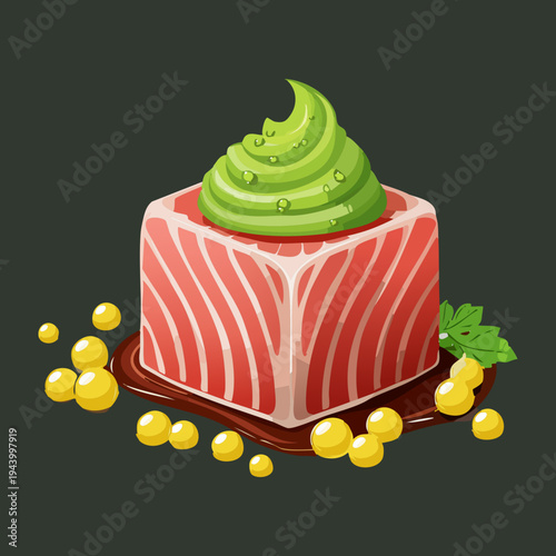 Premium raw salmon cube with wasabi topping and herb garnish for authentic japanese appetizer and seafood restaurant menu - Vector Illustration