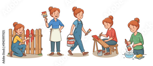 Set of cartoon illustrations showing a woman painting a wooden fence red, carrying supplies, and cleaning her brush, depicting a DIY home improvement project