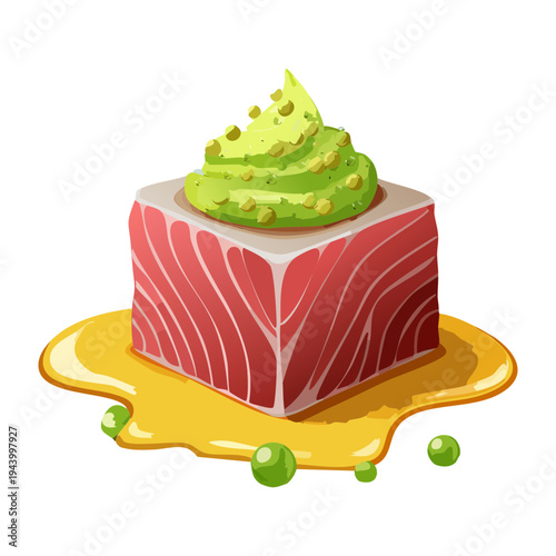Delicious fish cube with wasabi cream and herb garnish for modern seafood appetizer and gourmet restaurant food menu - Vector Illustration