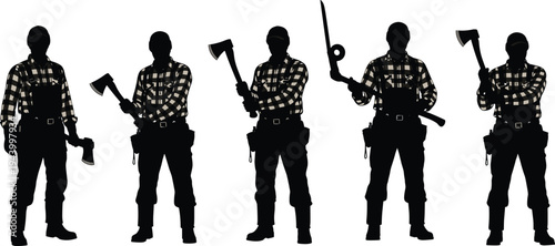 Set of Lumberjack Silhouettes Wearing Plaid Shirts and Overalls Holding Axes and Tools for Woodworking and Forestry Industry Work Isolated on White Background for Professional Design