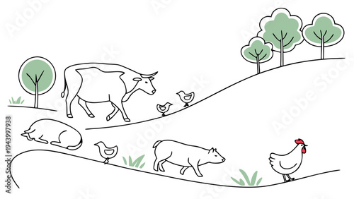 Farm animals peacefully grazing in a simple, pastoral landscape with rolling hills and trees.