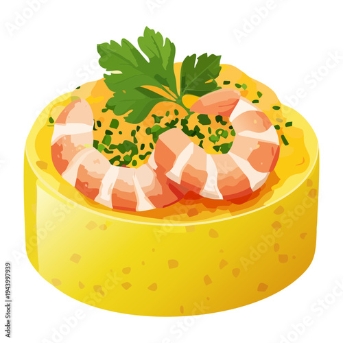 Gourmet savory cake topped with shrimp and fresh herbs for creative seafood appetizer and restaurant food menu presentation - Vector Illustration